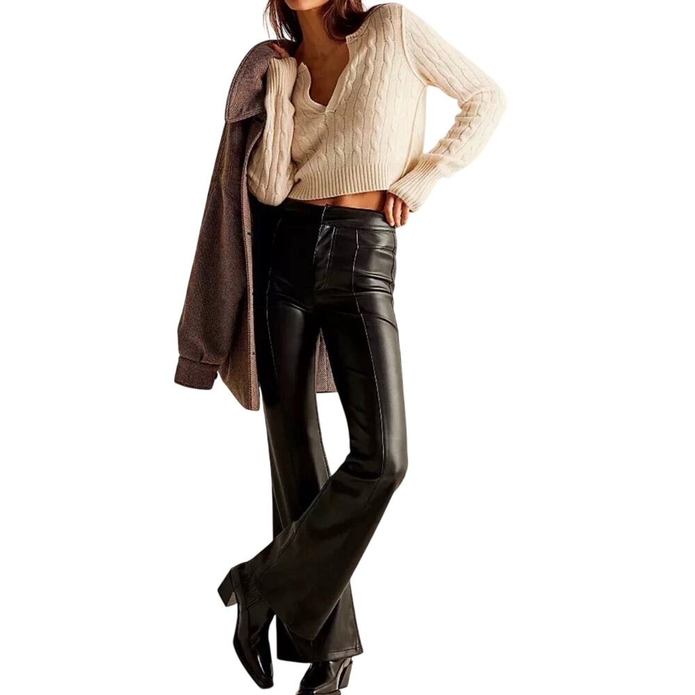 We The Free People Uptown Black Vegan Faux Leather Flare Pants Size 4